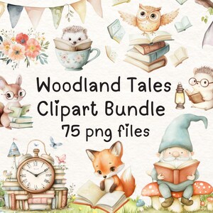 Woodland Tales クリップアート バンドル - かわいい森の動物、本、妖精、ノーム - 水彩ステッカーとデジタル PNG ファイル