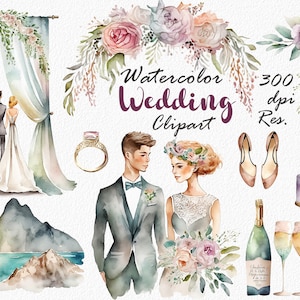 Watercolor Wedding Clipart: Bride, Couple, Arch (PNG Digital Download)