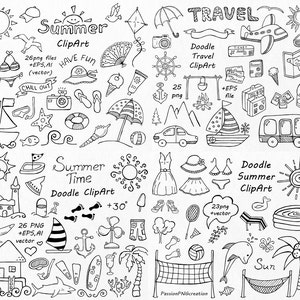 BIG SET of Doodle Summer cliparts, Hand drawn vacation clipart, Digital clip art, png, eps, ai, vector clipart, Personal and Commercial use
