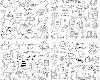 BIG SET of Doodle Summer cliparts, Hand drawn vacation clipart, Digital clip art, png, eps, ai, vector clipart, Personal and Commercial use