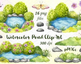 Watercolor pond clipart, Meadow with lake clipart, water outdoor, village, Card making, DIY, Background, Nature, Spring, Summer