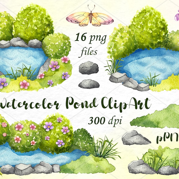 Watercolor pond clipart, Meadow with lake clipart, water outdoor, village, Card making, DIY, Background, Nature, Spring, Summer