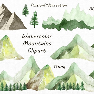 Watercolor Mountains Clipart, PNG, hand painted, Watercolour Mountain clip art, Hills, border mountain graphics, Personal and Commercial Use image 1