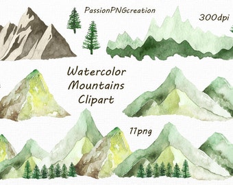 Watercolor Mountains Clipart, PNG, hand painted, Watercolour Mountain clip art, Hills, border mountain graphics, Personal and Commercial Use