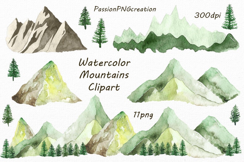 Watercolor Mountains Clipart, PNG, hand painted, Watercolour Mountain clip art, Hills, border mountain graphics, Personal and Commercial Use image 1