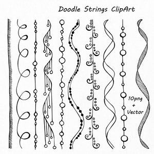 Könnte beinhalten: Ein Satz von zehn Schwarzweiß-Doodle-String-Clipart-Bildern. Die Schnüre sind in verschiedenen Formen und Mustern, darunter wellig, lockig und gepunktet.