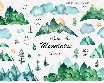 Watercolor Mountains Clipart, PNG, hand painted, Watercolour Mountain clip art, Hills,mountain graphics, For Personal and Commercial Use