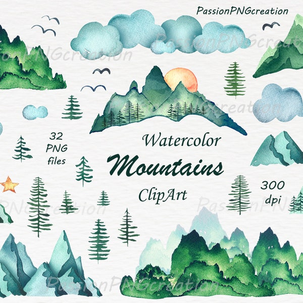 Aquarelle Montagnes Clipart, PNG, peint à la main, Aquarelle Mountain clip art, Collines, graphiques de montagne, pour un usage personnel et commercial