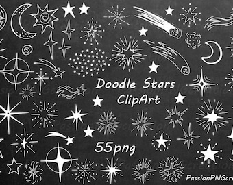 White Doodle Stars Clipart, Hand Drawn stars, digital star clip art, PNG, Photoshop Overlays, For Personal and Commercial Use