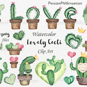 Aquarelle adorable cactus Clipart, clipart aquarelle cactus, plantes succulentes, coeurs, PNG, fleurs, invitation, pour un usage personnel et commercial