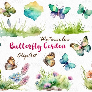 Watercolor Butterfly Garden Clipart: Spring Floral PNG Files (Digital Download)