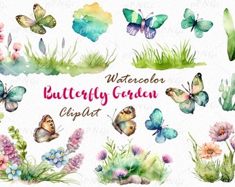 Watercolor butterfly garden clipart, Spring clipart, Floral clipart, Butterflies and flowers, grass clip art, PNG files