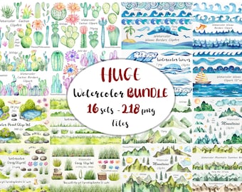 Huge Watercolor Bundle Clipart, 16 sets, 218 png files, Watercolor Mountains, Watercolor Grass, Watercolor Waves Borders, Watercolor Cactus