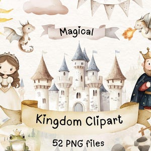 Bundle de cliparts Royaume magique - 52 PNG, stickers conte de fées, princesse, chevalier, dragon, château, médiéval-fantastique, aquarelle clipart