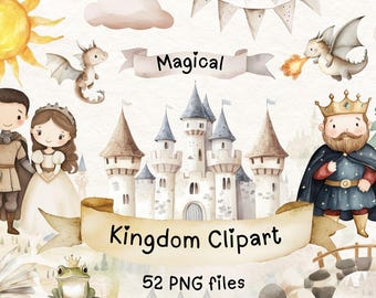 Puede incluir: Conjunto de clipart de acuarela con un reino mágico con un castillo, un rey, una reina, un dragón, una rana, un puente y un libro. El conjunto incluye 52 archivos PNG.