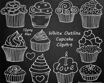 White Outline Cupcake Clipart, Doodle Cupcakes Clip art, Hand drawn cupcake clip art, PNG, For Personal and Commercial use