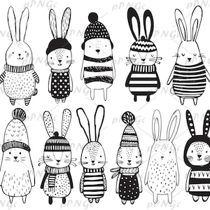Lapin mignon dans des vêtements, ensemble de cliparts SVG, illustrations de lapin, graphiques pour animaux de compagnie, coloriage, fichiers pour Cricut, pour usage personnel et commercial