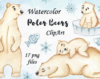 Watercolor Polar bears clipart, white bears clipart, Baby Bears, Cute Bear, Baby shower, Nursery animals, Winter clipart, PNG files