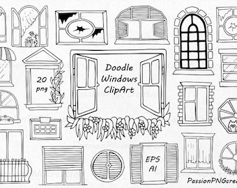 Op de afbeelding: Een set van 20 zwart-witte doodle-vensterillustraties. De ramen zijn in verschillende stijlen, waaronder gebogen, rechthoekig en rond. De illustraties zijn perfect voor gebruik in scrapbooking, kaartmaken en andere knutselprojecten.