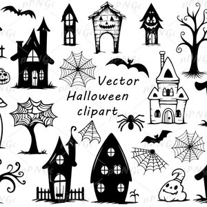May include: Black and white vector Halloween clipart featuring haunted houses, bats, spiders, spiderwebs, trees, and jack-o'-lanterns. The text "Vector Halloween clipart" is also included in the image.