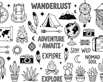 Wanderlust Travel Clipart, Adventure SVG Bundle, Boho Camping & Hiking Doodles