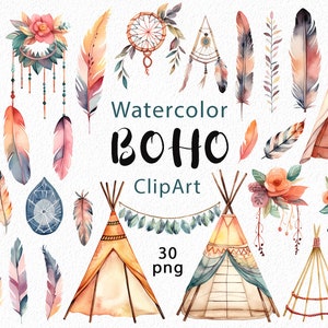 Boho aquarel clipart: dromenvangers, veren, bloemen - creatief, boho designelementen, commercieel gebruik
