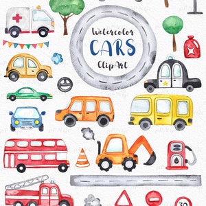 Watercolor Cars clipart, Transport Clipart, cute Cartoon Cars , Nursery Art, Digital PNG Files, Instant Download image 4