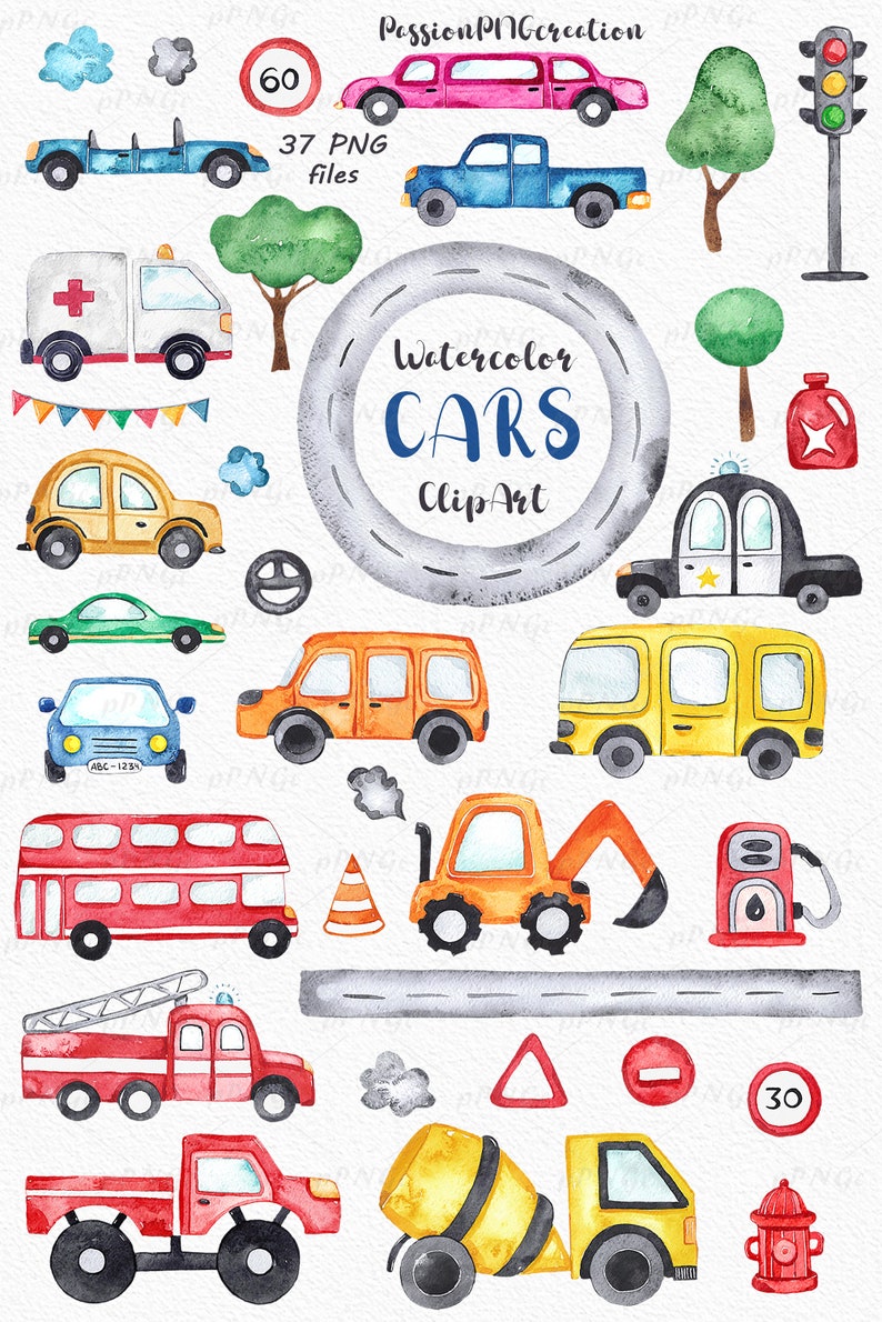 Watercolor Cars clipart, Transport Clipart, cute Cartoon Cars , Nursery Art, Digital PNG Files, Instant Download image 4