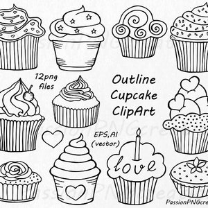 Outline Cupcake Clipart, Doodle Cupcakes Clip art, Hand drawn cupcake clip art, PNG, EPS, vector clipart, For Personal and Commercial use image 1