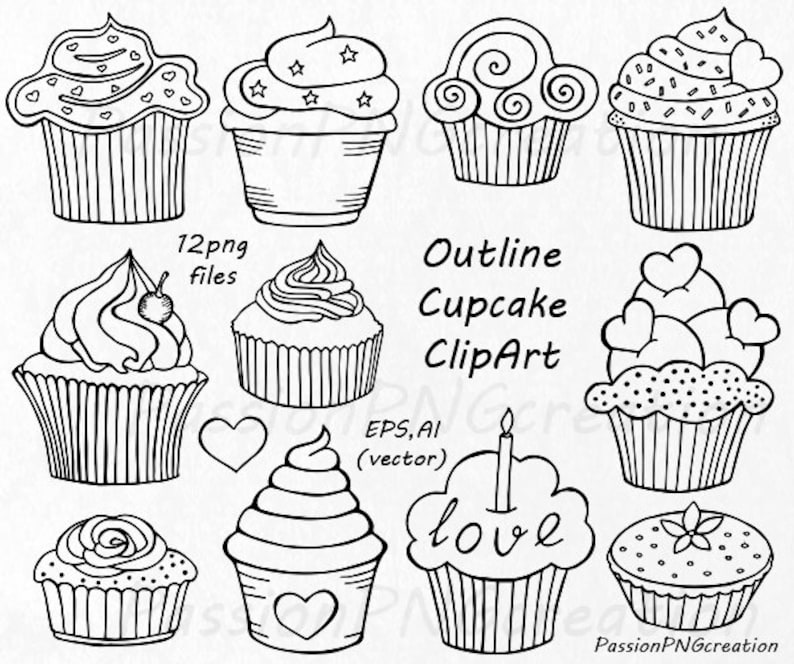 Outline Cupcake Clipart, Doodle Cupcakes Clip art, Hand drawn cupcake clip art, PNG, EPS, vector clipart, For Personal and Commercial use image 1