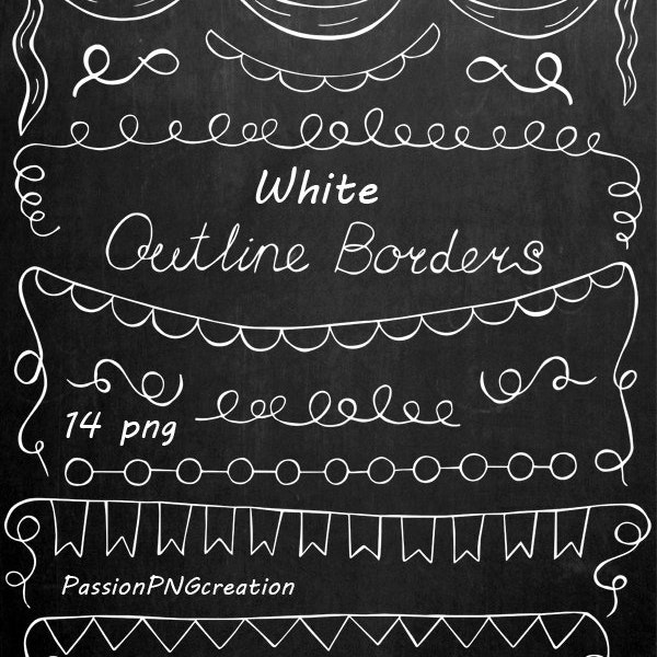 White Hand Drawn Outline borders clipart, Banners Outlines, Coloring, Digital stamp, PNG, for Personal and Commercial Use