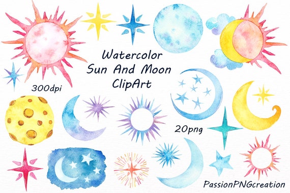Watercolor Sun Moon Clipart Watercolor Stars Watercolour Etsy