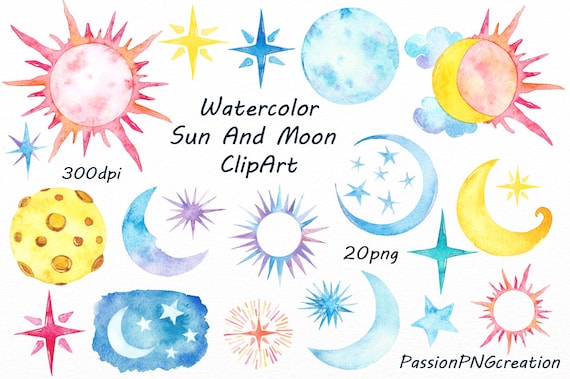 Watercolor Sun Moon Clipart Watercolor Stars Watercolour Etsy