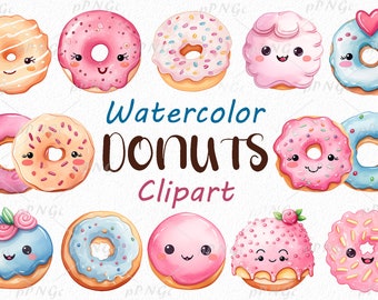 Watercolor Cute Donuts Clipart Set - Sweet, Whimsical, Hand-painted Illustrations for Bakery, Crafts, Invitations, and More