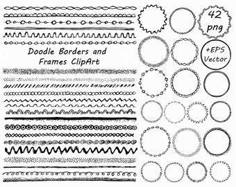 Clipart di bordi e cornici scarabocchiate: set vettoriale disegnato a mano (PNG, EPS)
