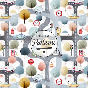 Puede incluir: Un patrón digital caprichoso que presenta un diseño de mapa de carreteras con coches, árboles, semáforos y señales de límite de velocidad. El patrón incluye ambulancias, coches de policía y gasolineras. El texto "DIGITAL Patterns" está en un diseño circular.