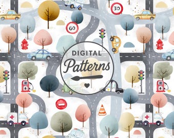 May include: A whimsical digital pattern featuring a road map design with cars, trees, traffic lights, and speed limit signs. The pattern includes ambulances, police cars, and gas pumps. The text "DIGITAL Patterns" is in a circular design.