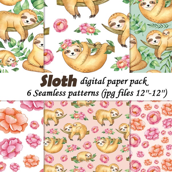 Pack de papier numérique paresseux 12''x12'', 6 motifs sans couture, Aquarelle Paresseux, fleurs, motif floral sans couture peint à la main. Jeu de scrapbooking