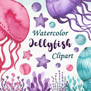Watercolor jellyfish clipart, Jellyfish Download, Instant Download, Sea Creatures, Marine Life, Bubbles, stars, Underwater Clipart, PNG