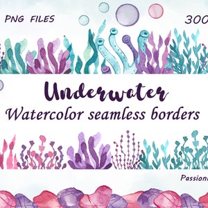 Seamless Underwater Borders clipart, Watercolor Seaweed, PNG, Photo overlay, Card making, Under the sea clipart. Underwater watercolor