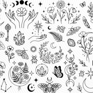 May include: A collection of black and white line art illustrations featuring celestial and botanical elements. The designs include moons, stars, flowers, hands, crystals, moths, butterflies, and other mystical symbols. Perfect for crafting or design projects.