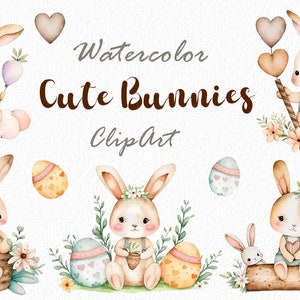 Słodki króliczek, clipart królika, akwarelowe Baby Shower Clip Art, clipart królika wielkanocnego, sztuka króliczka dziecięcego, cyfrowe, pliki PNG, natychmiastowe pobieranie