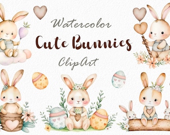 Cute bunny, rabbit clipart, Watercolor Baby Shower Clip Art, Easter bunny clipart, nursery bunny art, digital, PNG files, instant download