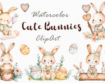 Cute bunny, rabbit clipart, Watercolor Baby Shower Clip Art, Easter bunny clipart, nursery bunny art, digital, PNG files, instant download