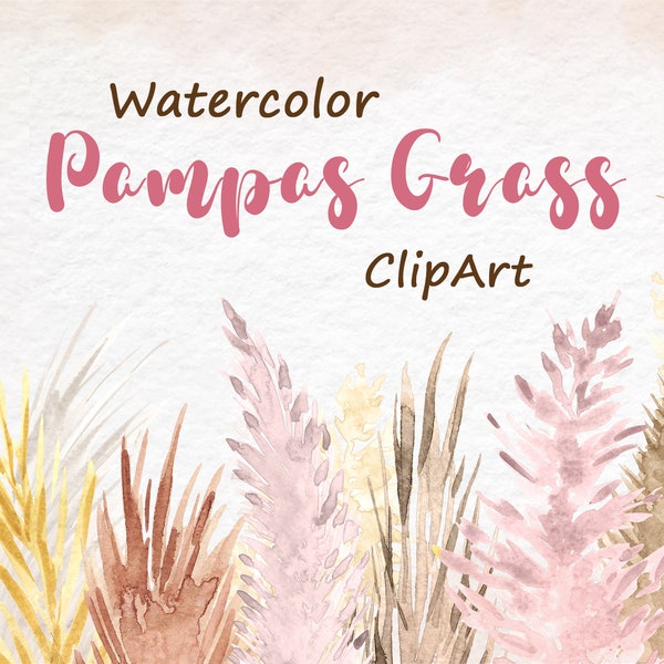 Watercolor Pampas Grass Clip Art. Watercolor pampas grass border, dried leaves Clip art, Boho Wedding Invitation Decor png, instant download