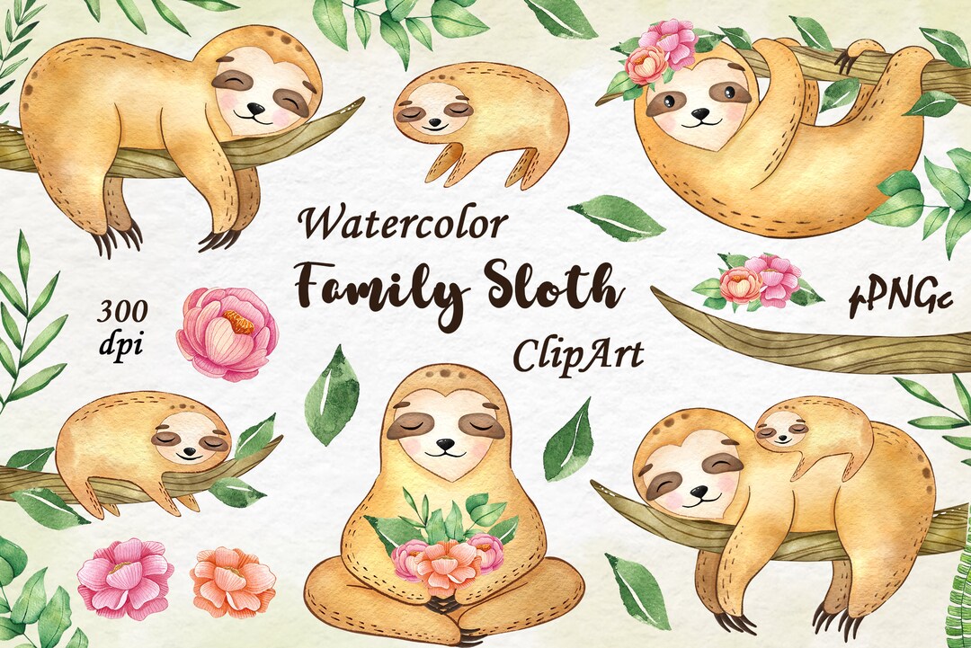 Watercolor Sloth Clipart: Family Tropical Animals (PNG Files Stickers ...
