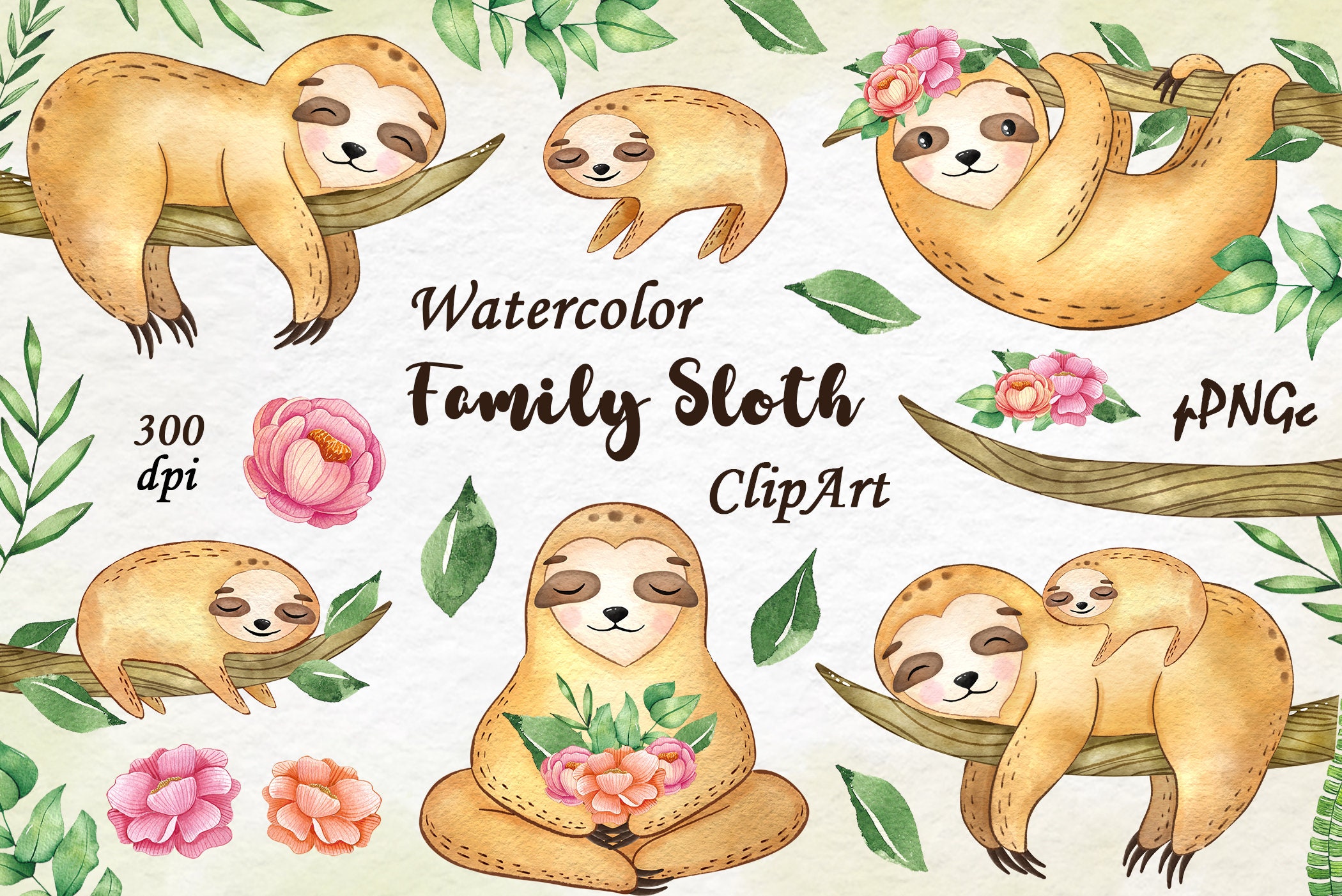 Sloths clipart baby shower draw sloth clip art tropical leaves vector ...