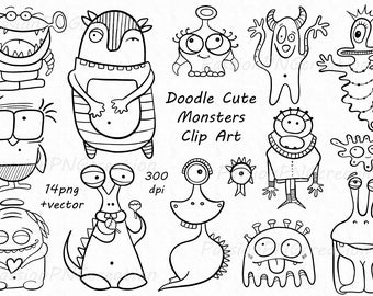 May include: A set of 14 black and white clip art images of cute doodle monsters. The monsters are all different shapes and sizes, with big eyes, funny expressions, and unique features. The text "Doodle Cute Monsters Clip Art" is written in the center of the image.