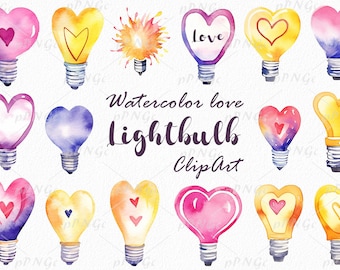 Watercolor Clipart: Heart-Shaped Light Bulbs - Whimsical, Romantic, and Versatile Illustrations for Your Creative Projects
