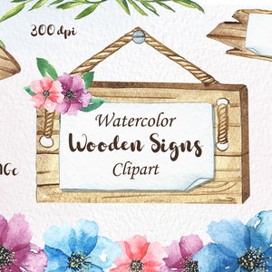 Watercolor Wooden Signs Clipart, Wooden Borders, Digital, Instant Download, Signposts, Arrows, and Hanging Signs, Invitation sign, PNG files